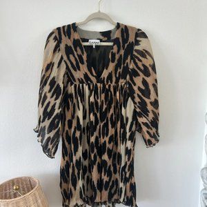 Small GANNI Leopard Print Georgette Pleated Oversize Mini Dress